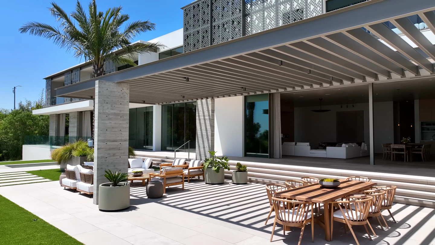 Stradella Court covered terrace with repeated overhead roof members, concrete columns, patterned upper screens and wide openings to the living room.