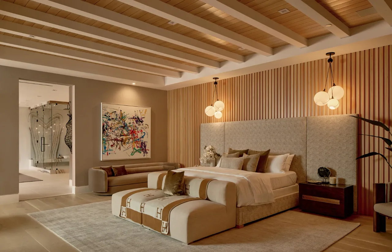 Bedroom with timber wall panels at Chalon Road.