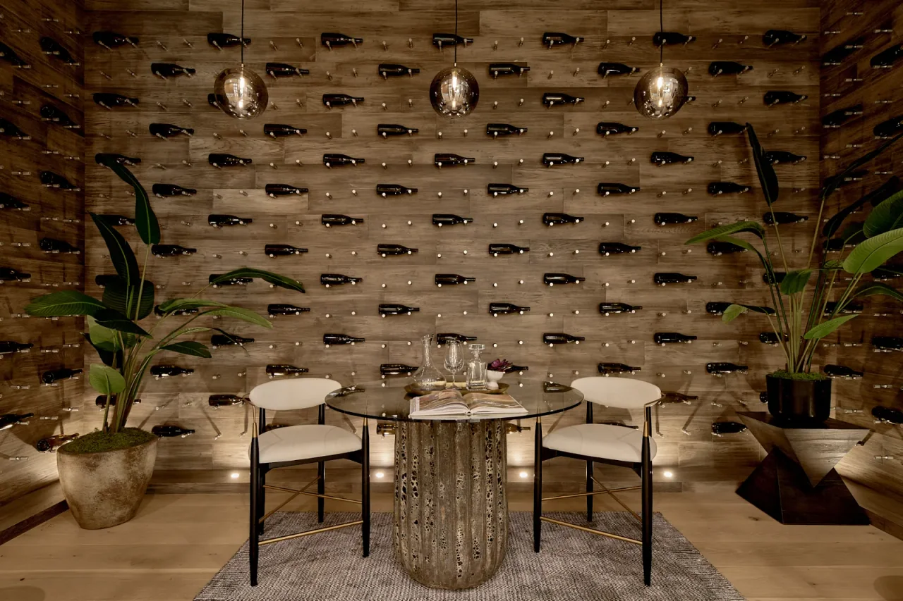 Dining room with patterned ceiling at Chalon Road.