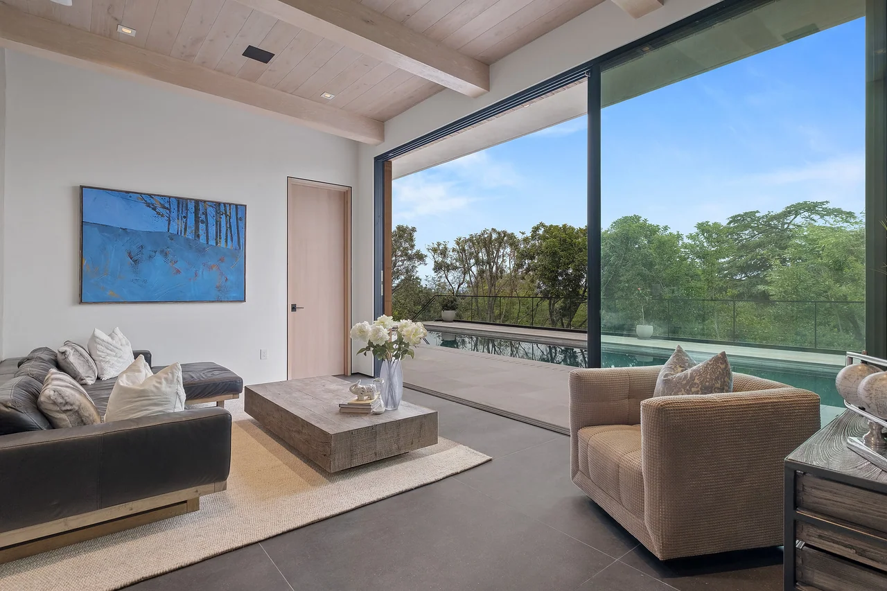 Sitting room with a broad hillside view at Dixie Canyon.