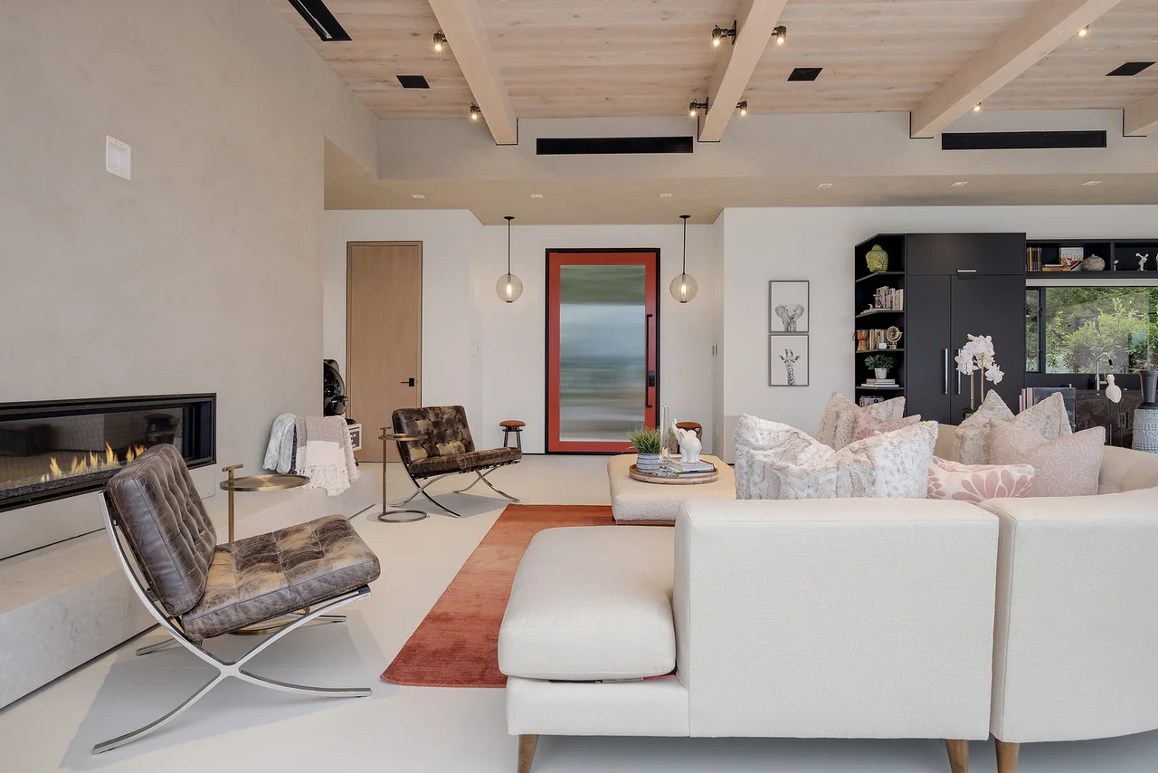 Living room below exposed ceiling beams at Dixie Canyon.
