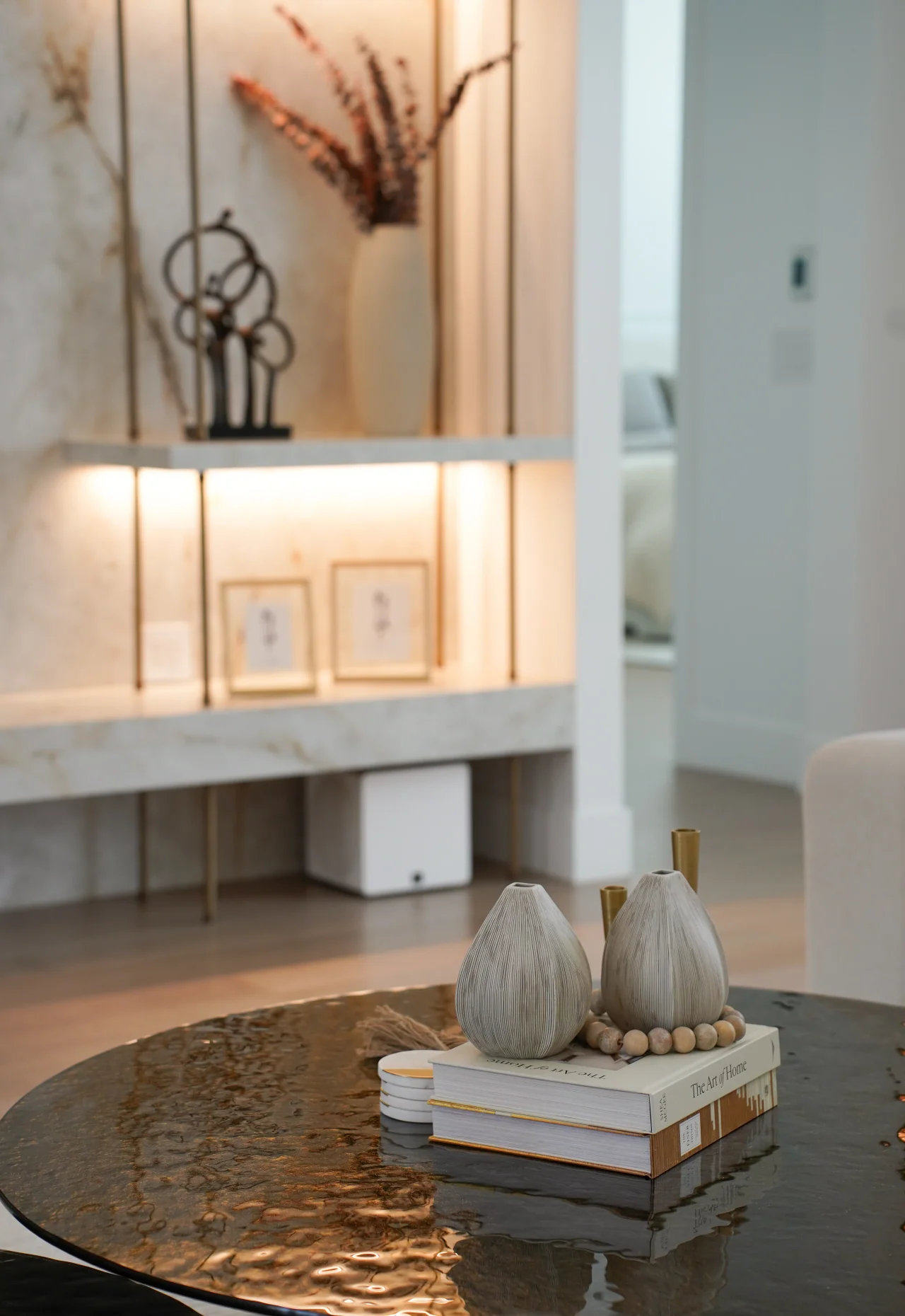 Shelving and fireplace wall at Rio Flora Place.
