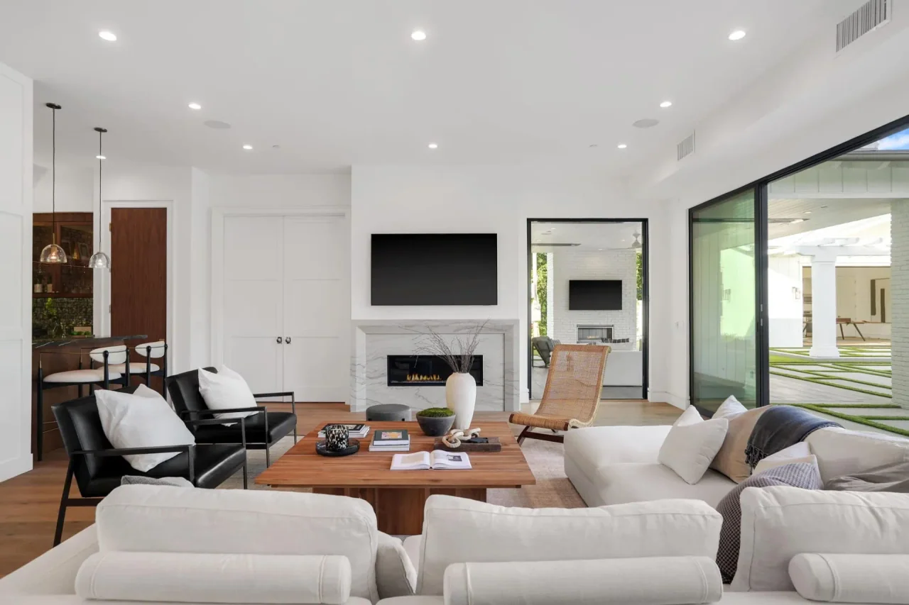 Living room with fireplace at South Bundy Drive.